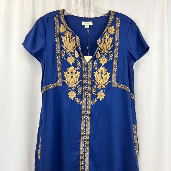 Sundance Women’s Embroidered Shift Dress Short Sleeve Blue/Gold XS New Pockets - Picture 2 of 10